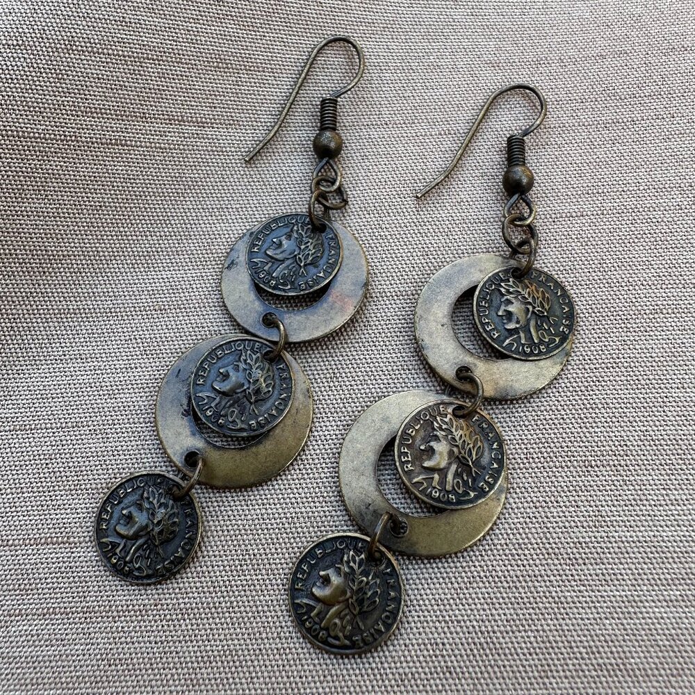 Vintage French Coin Drop Statement Earrings Coin Jewellery